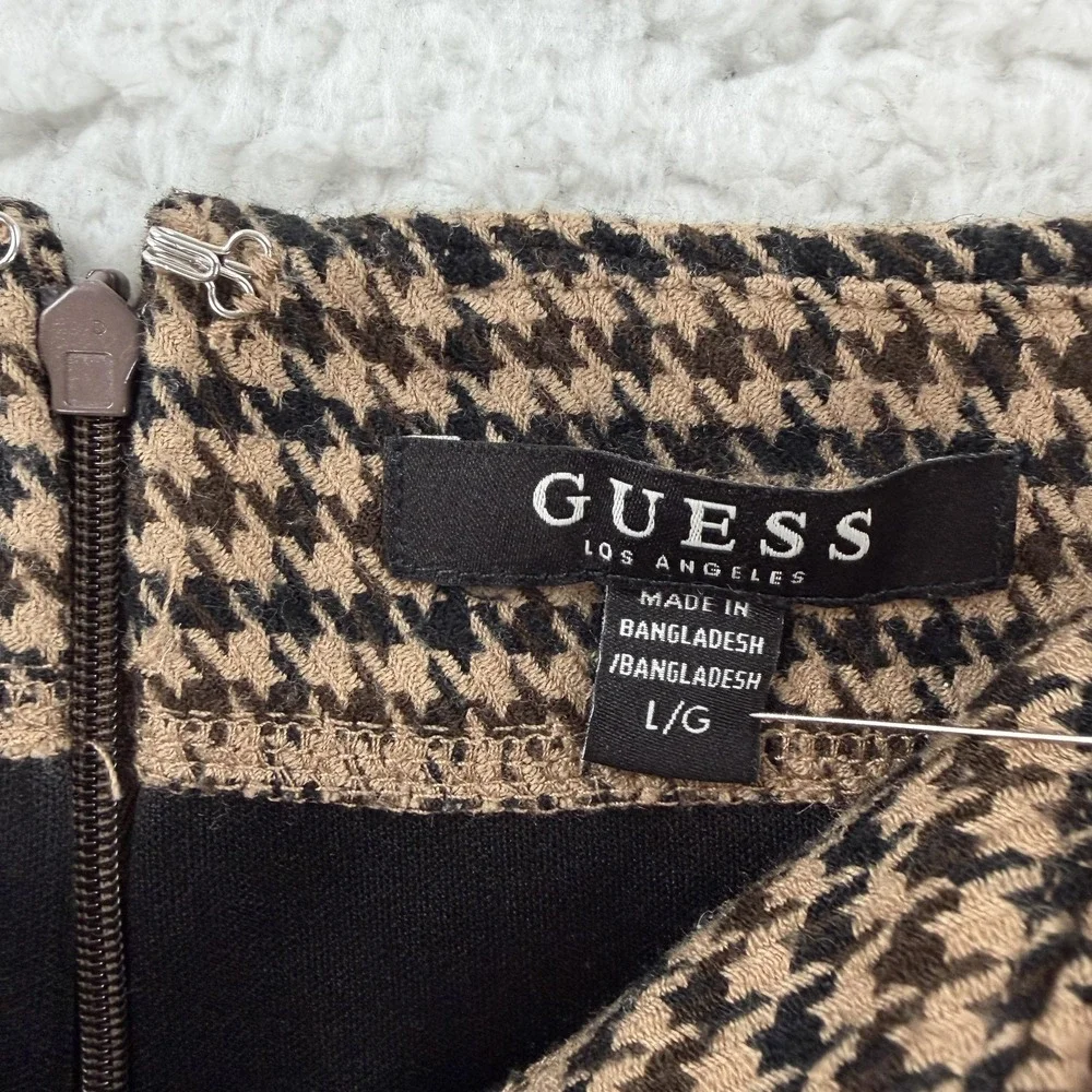 Guess‎ Skirt Womens Large Brown Houndstooth Pleated Mini Knit Lined Zip Stretch